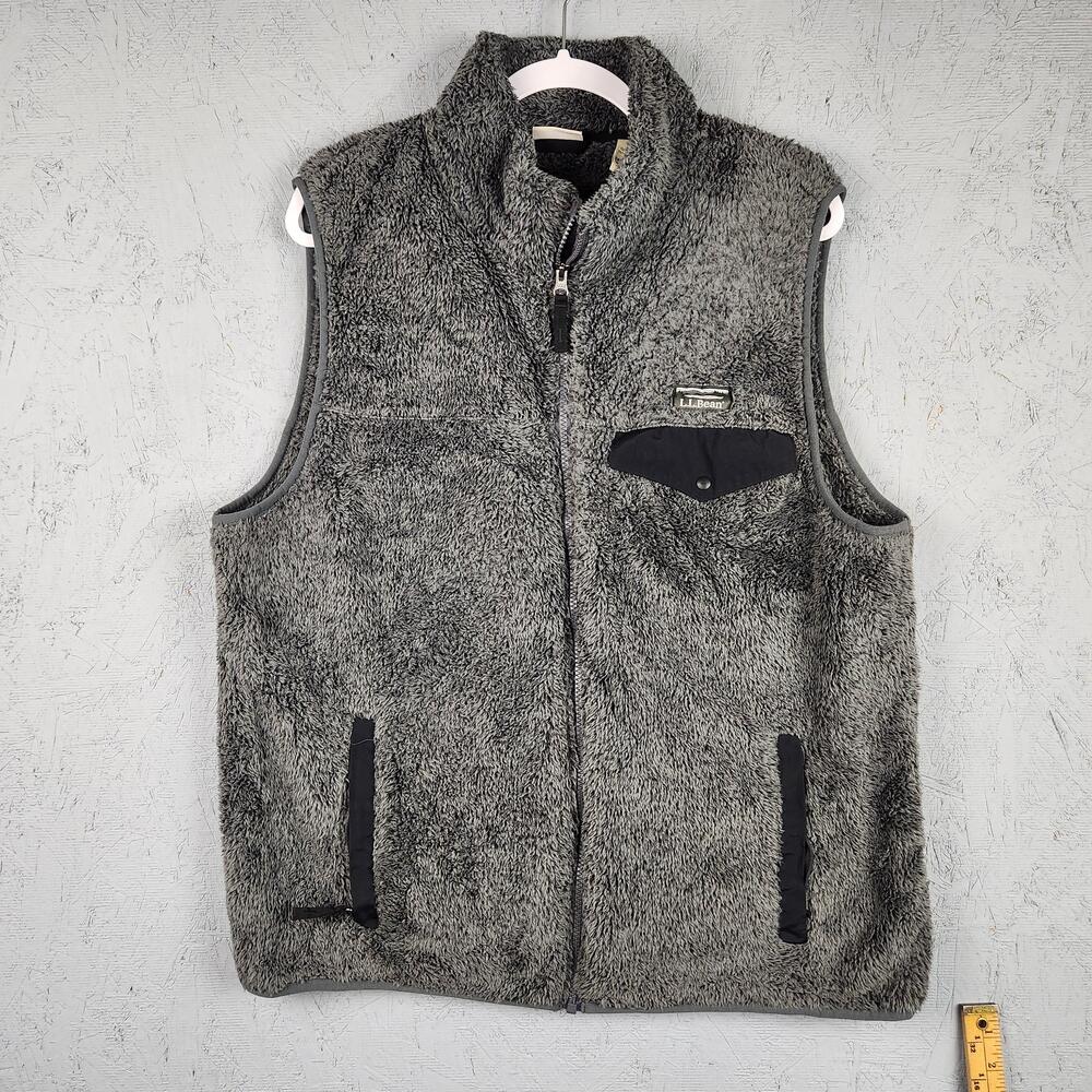 LL Bean Vest Mens Large Gray Fleece Sherpa Full Zip Outdoor Pockets Hiking Logo
